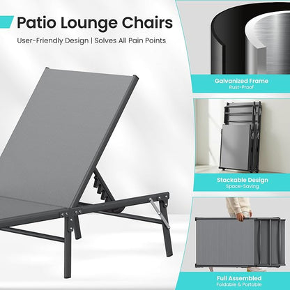 Amopatio Outdoor Lounge Chairs Poolside Chaise Lounge for Patio | Foldable & Portable & Stackble Weather Resistant Frame Breathable Textilene 5-Position Adjustable Backrest 400 LBS Capacity