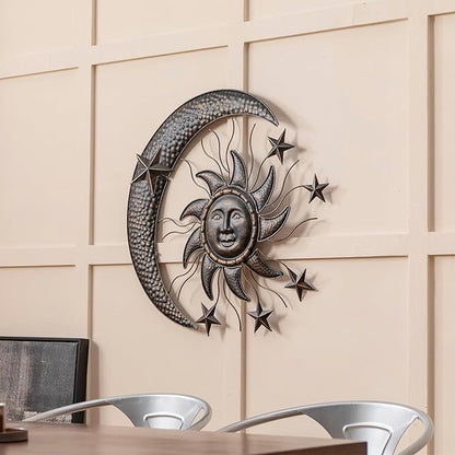 TICKCACY 27” Metal Sun Wall Decor, Vintage Sun Moon Stars Wall Hanging Decoration, Moon and Stars Wall Art Sculpture for Indoor Outdoor Living Room Bedroom Garden Yard Patio Fence