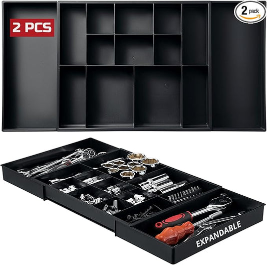 ONREVA Tool Box Organizer Tray Divider Set, Expandable Large Toolbox Storage Tray Kit, Rolling Tool Chest Drawer Bins, Hardware Screwdrivers Pliers Organization, 2pcs low profile Trays.