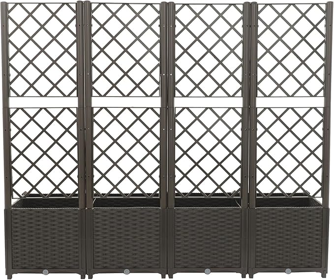 4 PCS Raised Garden Bed with Trellis, Plastic Planter Box for Climbing Plants, Outdoor Vertical Garden with Privacy Screen for Patio, Balcony, Backyard, Dark Brown