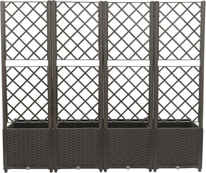4 PCS Raised Garden Bed with Trellis, Plastic Planter Box for Climbing Plants, Outdoor Vertical Garden with Privacy Screen for Patio, Balcony, Backyard, Dark Brown