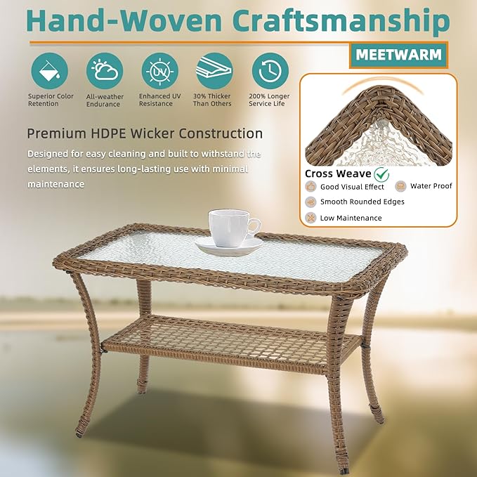 MEETWARM Wicker Patio Coffee Table, 34.5" Rectangle Outdoor Coffee Table with Tempered Glass Top and 2-Tier Storage Shelf, All-Weather Rattan Patio Side Table for Outside Poolside Deck Garden, Brown