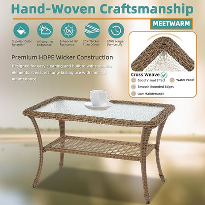 MEETWARM Wicker Patio Coffee Table, 34.5" Rectangle Outdoor Coffee Table with Tempered Glass Top and 2-Tier Storage Shelf, All-Weather Rattan Patio Side Table for Outside Poolside Deck Garden, Brown