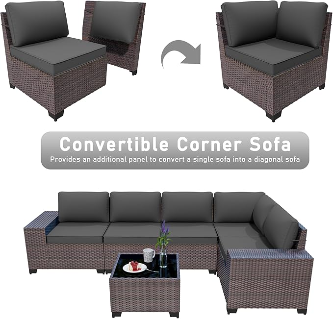 6PCS Outdoor Patio Furniture Set,PE Rattan Wicker Patio Conversation Set with Washable Cushions & Glass Coffee Table,Patio Sectional Furniture Set for Garden, Poolside, Backyard,Grey