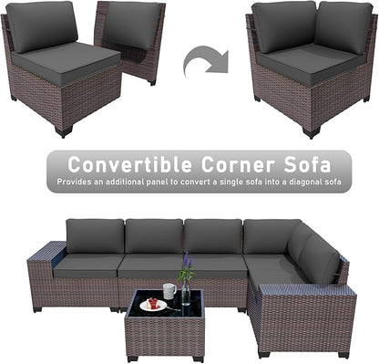 6PCS Outdoor Patio Furniture Set,PE Rattan Wicker Patio Conversation Set with Washable Cushions & Glass Coffee Table,Patio Sectional Furniture Set for Garden, Poolside, Backyard,Grey