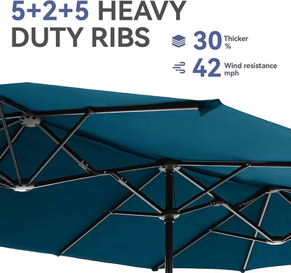 GREEN PARTY 13ft Rectangle Patio Umbrella, Double Sided Outdoor Table Umbrella with Crank & 1.5" Pole, Large Market Umbrella for Poolside Garden Deck Backyard, Cerulean