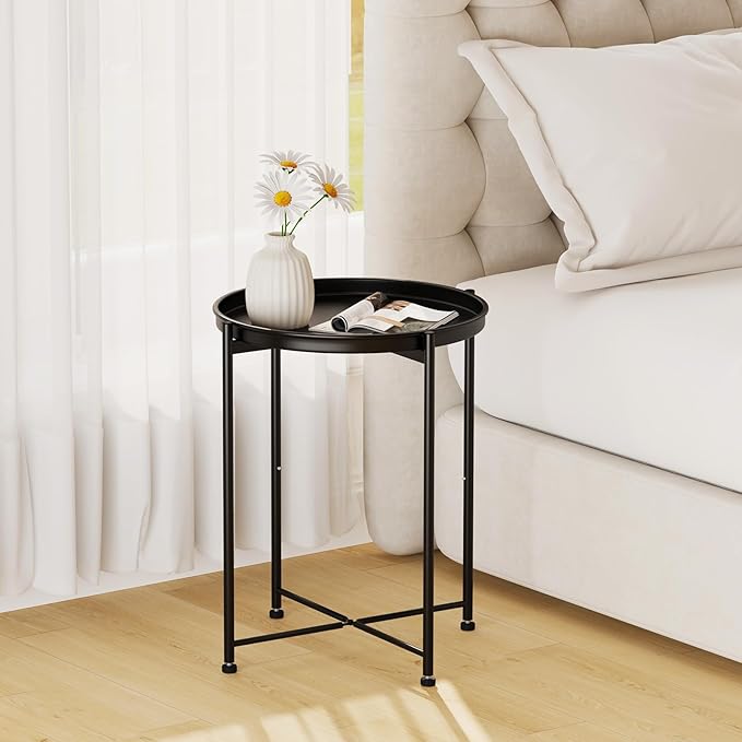 Garden 4 you Small Side Table, Mini Round End Table, Tray Table with Metal Frame, Modern Nightstand for Living Room, Bedroom, Patio, Small Space, 2pcs