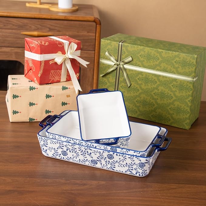 Ceramic Bakeware Set - Casserole Dish Baking Dishes for Oven - Rectangular Lasagna Pans with Handles for Kitchen Cooking - Microwave & Dishwasher Safe - Set of 3 (15.1''/13.6''/9.9'') - Blue