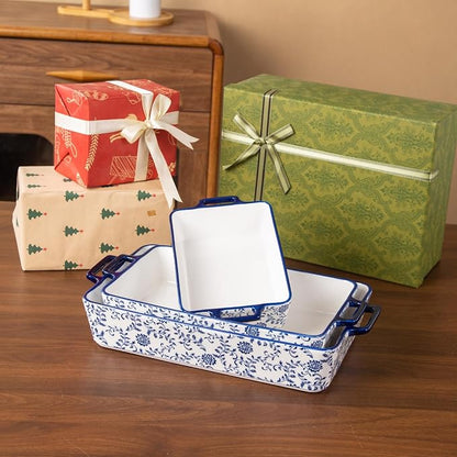 Ceramic Bakeware Set - Casserole Dish Baking Dishes for Oven - Rectangular Lasagna Pans with Handles for Kitchen Cooking - Microwave & Dishwasher Safe - Set of 3 (15.1''/13.6''/9.9'') - Blue