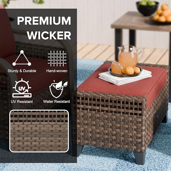 COOS BAY Modern Wicker Outdoor Furniture Set, Patio Conversation Set with 2 Seat Loveseat, and Ottomans, 3 Piece, Brown/Red