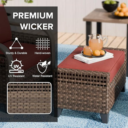 COOS BAY Modern Wicker Outdoor Furniture Set, Patio Conversation Set with 2 Seat Loveseat, and Ottomans, 3 Piece, Brown/Red