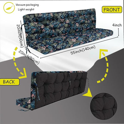 Porch Swing Cushion Three Seat, Waterproof Swing Cushions Replacement with Backrest, Outdoor Garden Furniture Patio 4" Thickened Cushions with Ties (Hummingbird, 40 x 55in)