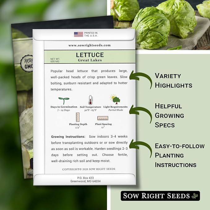 Sow Right Seeds - Great Lakes Iceberg Lettuce Seeds for Planting - Non-GMO Heirloom Packet with Instructions to Plant a Home Vegetable Garden - Outdoors or Hydroponics Indoors - Crisp Variety (1)