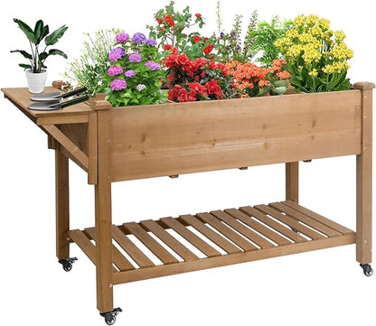 Raised Garden Bed Outdoor with Lockable Wheels, 55"x 24" x 33" Elevated Wood Planter Box for Backyard Balcony Patio, Garden Flower Beds with Drainage Holes & Storage Shelf, Gift for Gardening, Brown
