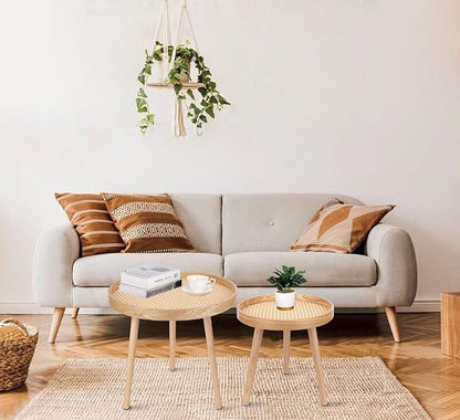 Round Coffee Table Set of 2, Natural Boho Coffee Tables, Small Mid Century Modern Rattan Coffee Table, Boho Side Table End Tables for Living Room Bedroom Office