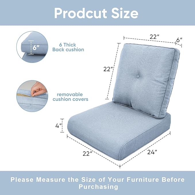 Outdoor Chair Cushions for Patio Furniture - 1 Pack Outside High Back Thick Water-Resistant Cushion 22x24 with Zipper Cover for Wicker Glider Rocking Chairs Loveseat Couch – Baby Blue/Buckle