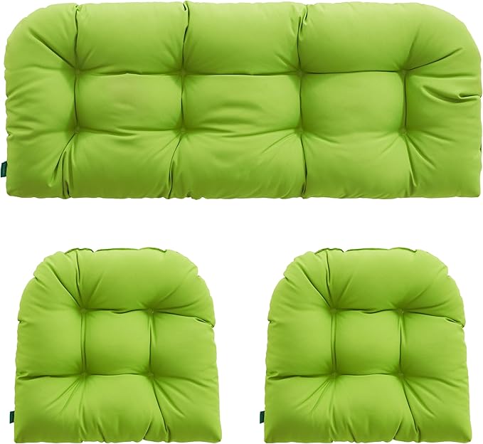 Outdoor/Indoor All Weather Tufted Wicker Chair Cushions of 3 Pieces, 1 Loveseat and 2 U-Shape Waterproof Cushions for Patio Furniture,Wicker Loveseat,Bench-Lime Green