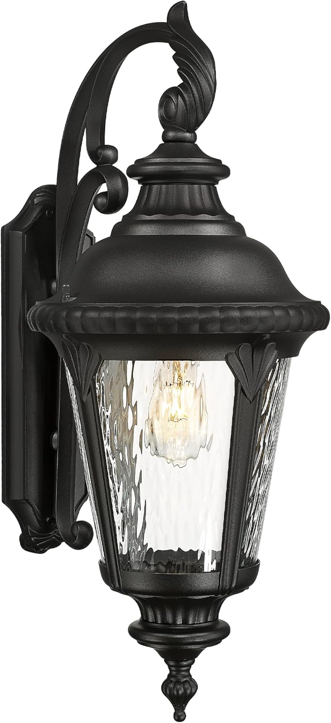 Emliviar 28.4" Large Outdoor Wall Lantern, Farmhouse Exterior Porch Light for House, Black Finish with Water Ripple Glass, XE265B-SW BK