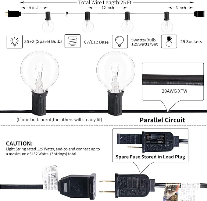G40 Outdoor Globe String Lights, 25ft Hanging Patio Lights with 27 Incandescent Bulbs (2 Spare), Connectable Backyard Bistro Wedding Decor, E12 Base, 5W-Black Wire