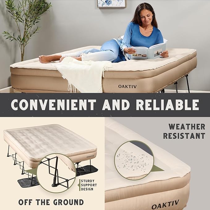 Queen Air Mattress with Frame, Self Inflating/Deflating Blow Up Bed for Adults - PeakRest Camping Cot with Mattress - Portable Queen Size with Travel Rolling Case on Wheels
