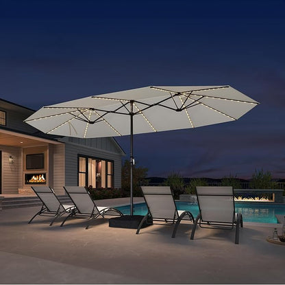 PURPLE LEAF 15ft Patio Market Umbrella with Solar LED and Base Double-Sided Rectangle Outdoor Table Sun Umbrellas with Crank for Pool Beach Deck Backyard Cream