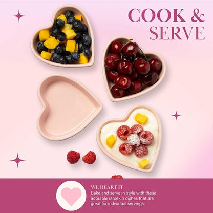 Paris Hilton Heart Shaped Ramekin Set, Mini Ceramic Ramekins, Oven Safe Baking Dishes, Dishwasher Safe, Stoneware Made without PFOA, Pink, 4-Piece Set (Pack of 12)