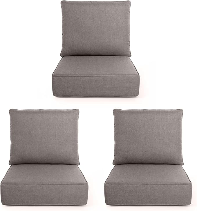 Outdoor Chair Cushions, 6 Inch Thick Patio Seat & Back Cushions Set with Removable Cover, Waterproof Patio Cushions for Outdoor Furniture, 22 x 24 Inch, Gray 3-Set