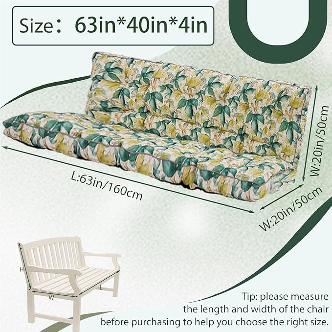 2/3 Seater Swing Replacement Cushion, Waterproof Porch Swing Cushions with Backrest, Thickened Bench Cushions for Outdoor Furniture, for Outdoor Patio Swing (Clover, 63 * 40in)