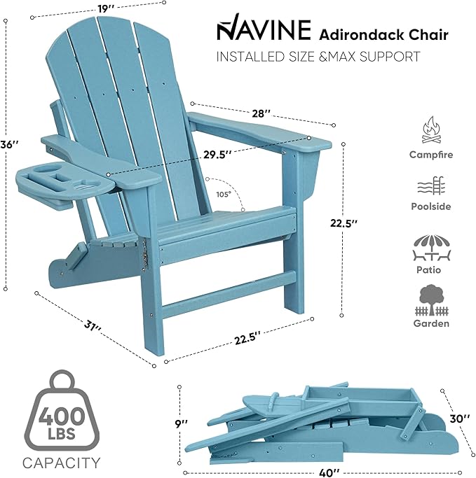 Adirondack Chair Set of 6, HDPE Folding Adirondack Chair with Multifunctional Cup Holder, Weather Resistant Fire Pit Chair for porches, patios, poolsides, Decks.