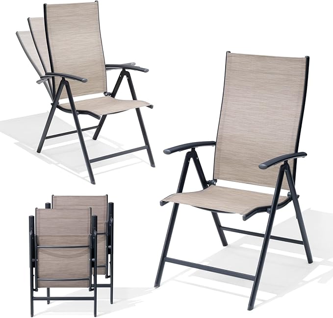 Crestlive Products Folding Patio Chairs Set of 2, 7-Level Adjustable Recliner Chairs Foldable Outdoor Lawn Chairs for Camping, Lawn, Pool, Backyard, Brown