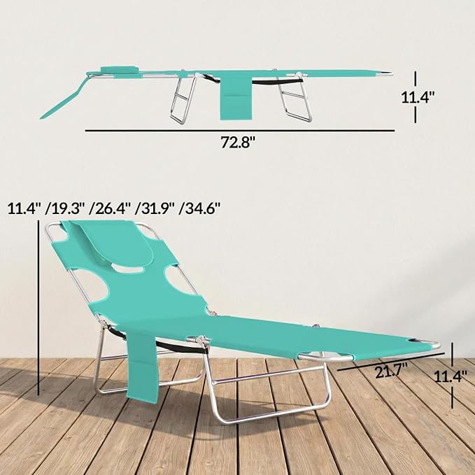 Lounge Chair Outdoor, 5-Position Adjustable Sun Tanning Chair with Carrying Handle and Side Pocket, Folding Bed Cot with Removable Pillow for Garden, Beach, Patio, Pool (1, Light Green)