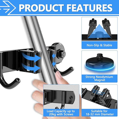 3-H Magnetic Broom Holder Wall Mount 2 Pack, 2-in-1 Dual Mount (No Drill or Screw Fix), 304 Stainless Steel Heavy Duty Magnet Mop Broom Organizer for Kitchen Garden Garage(3 Racks & 4 Hooks,Black)