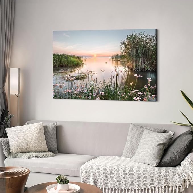 Hardy Gallery lake pictures wall decor artwork: scenic canvas wall art lake scene artwork nature scenery painting - sunset landscape prints for bedroom house 45"x30"