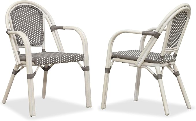 PURPLE LEAF French Bistro Chairs Set of 2 Aluminum Hand-Woven Rattan Wicker Dining Chairs with Arms for Outdoor Porch Garden White Print Finish Grey