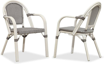 PURPLE LEAF French Bistro Chairs Set of 2 Aluminum Hand-Woven Rattan Wicker Dining Chairs with Arms for Outdoor Porch Garden White Print Finish Grey