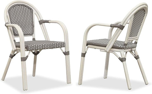 PURPLE LEAF French Bistro Chairs Set of 2 Aluminum Hand-Woven Rattan Wicker Dining Chairs with Arms for Outdoor Porch Garden White Print Finish Grey