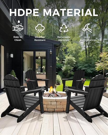 Folding Adirondack Chairs Set of 4,All-Weather HDPE Fire Pit Chair with 2 Cup Holders, Plastic Outdoor Chair for Patio Deck Garden Lawn, Black