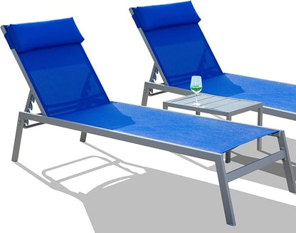 Domi Patio 3 Pieces Textilene Chaise Lounge Set with Side Table Outdoor,Adjustable Back&Pillow for Yard,Garden,Sunbathing,for All Seasons,Blue