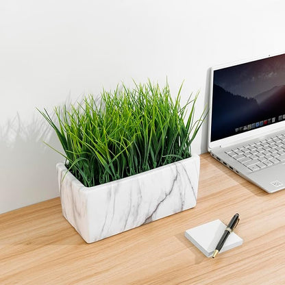 MyGift 10 Inch Artificial Green Grass Plant in Rectangular White Marble Pattern Ceramic Planter Pot