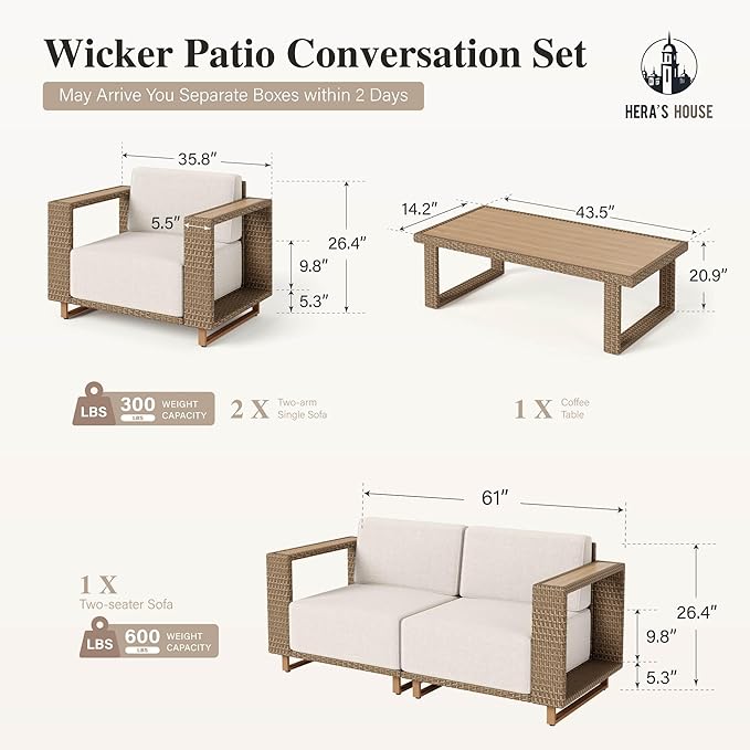 HERA'S HOUSE 5 Pieces Sectional Outdoor Patio Furniture Set, Modular Patio Conversation Set with 2 All Weather Rattan Wicker Sofas with 5.3" Widened Armrest, 2 Comfy Armchairs, and 1 Coffee Table