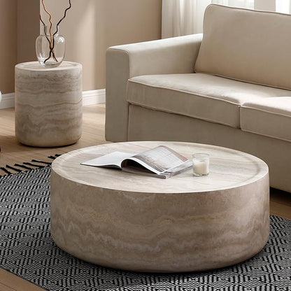 kevinplus Round Faux Stone Coffee Table Side End Table Set of 2 for Living Room, Modern Contemporary Circle Drum Style, Fiberglass Material, No Assembly (Mars Texture, 2-Pcs)
