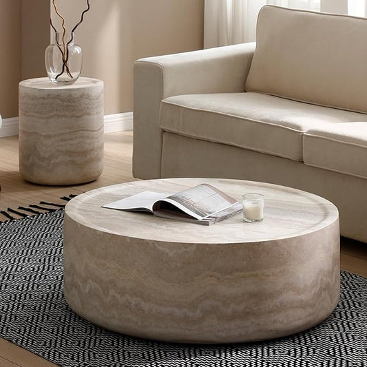 kevinplus ø31.5'' Round Stone Coffee Table for Living Room, Modern Drum Circle Faux Concrete Marble Coffee Table, Fiber Glass Material, No Assembly (Mars Texture, ø31.5'' x 11.8'')