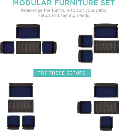 Best Choice Products 4-Piece Outdoor Wicker Patio Conversation Furniture Set for Backyard w/Coffee Table, Seat Cushions - Brown/Navy