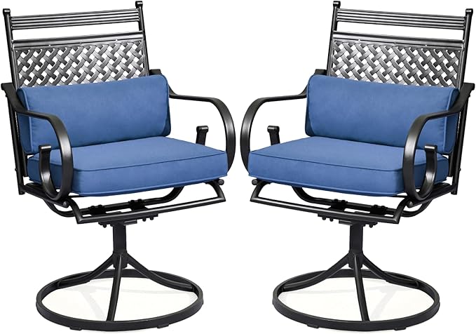 MELLCOM Patio Swivel Chair Set of 2, Heavy Duty Outdoor Dining Chairs with Cushions and Lumbar Pillows, Metal Patio Chairs Gentle Rocker for Outside, Garden Lawn & Porch, Backyard, Blue