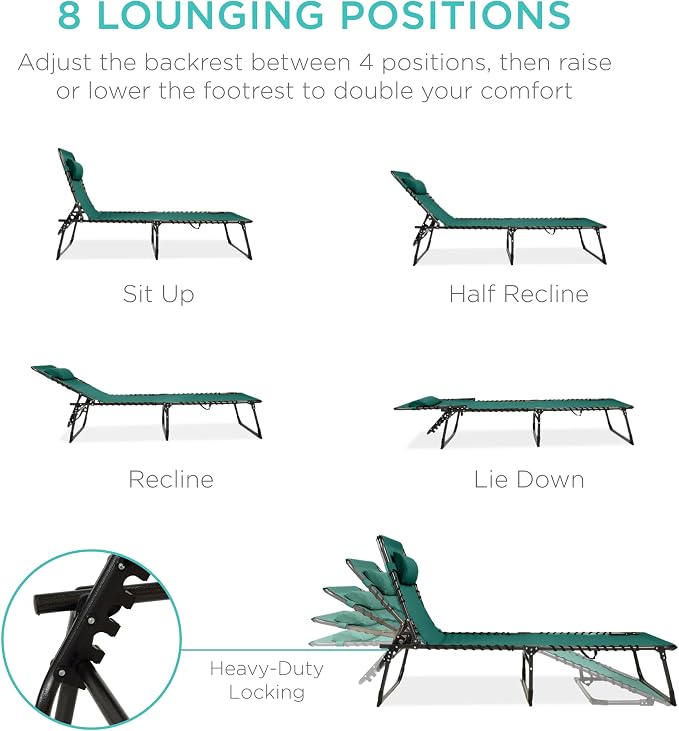 Best Choice Products Extra Wide Patio Chaise Lounge Chair, Portable Outdoor Folding Recliner for Lawn, w/ 8 Positions, Handles, 440lb Capacity - Forest Green