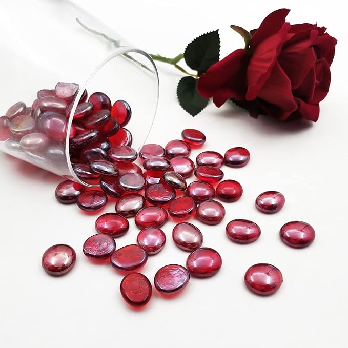Flat Glass Marbles 1 Pound Vase Filler Fire Pit Glass Pebbles for Indoor Plants, Aquarium Fish Tank Decorations, Home Decor, Fire Pit, Landscaping, Arts Crafts (Ruby)