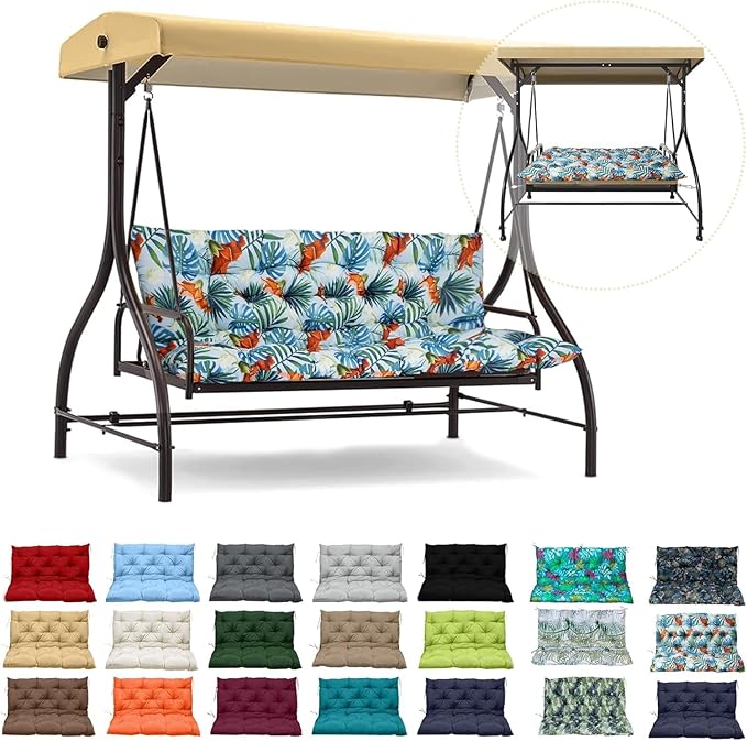 Swing Replacement Cushions with Backrest, 2 or 3 Seater Waterproof Non-Slip Overstuffed Swing Pad, Indoor/Outdoor Bench Cushion for Porch Chair Swings Garden Furniture (Summer, 40 * 47 in)