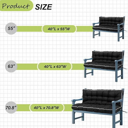 Swing Replacement Cushions with Backrest, 2 or 3 Seater Waterproof Non-Slip Overstuffed Swing Pad, Indoor/Outdoor Bench Cushion for Porch Chair Swing Garden Furniture (Black, 40 * 70.8in)