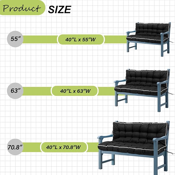Swing Replacement Cushions with Backrest, 2 or 3 Seater Waterproof Non-Slip Overstuffed Swing Pad, Indoor/Outdoor Bench Cushion for Porch Chair Swing Garden Furniture (Black, 40 * 63 in)