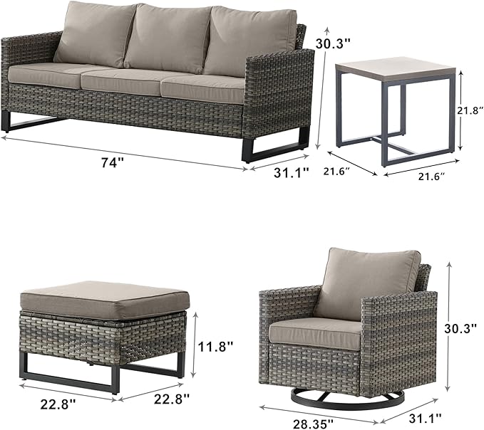 Wicker Outdoor Patio Furniture Set - 6 Piece Patio Conversation Set with 2 Swivel Rocker Chairs,2 Rattan Ottoman,1 Couch and 1 Metal Side Table for Outside Porch Deck Backyard(Mixed Grey/Grey)